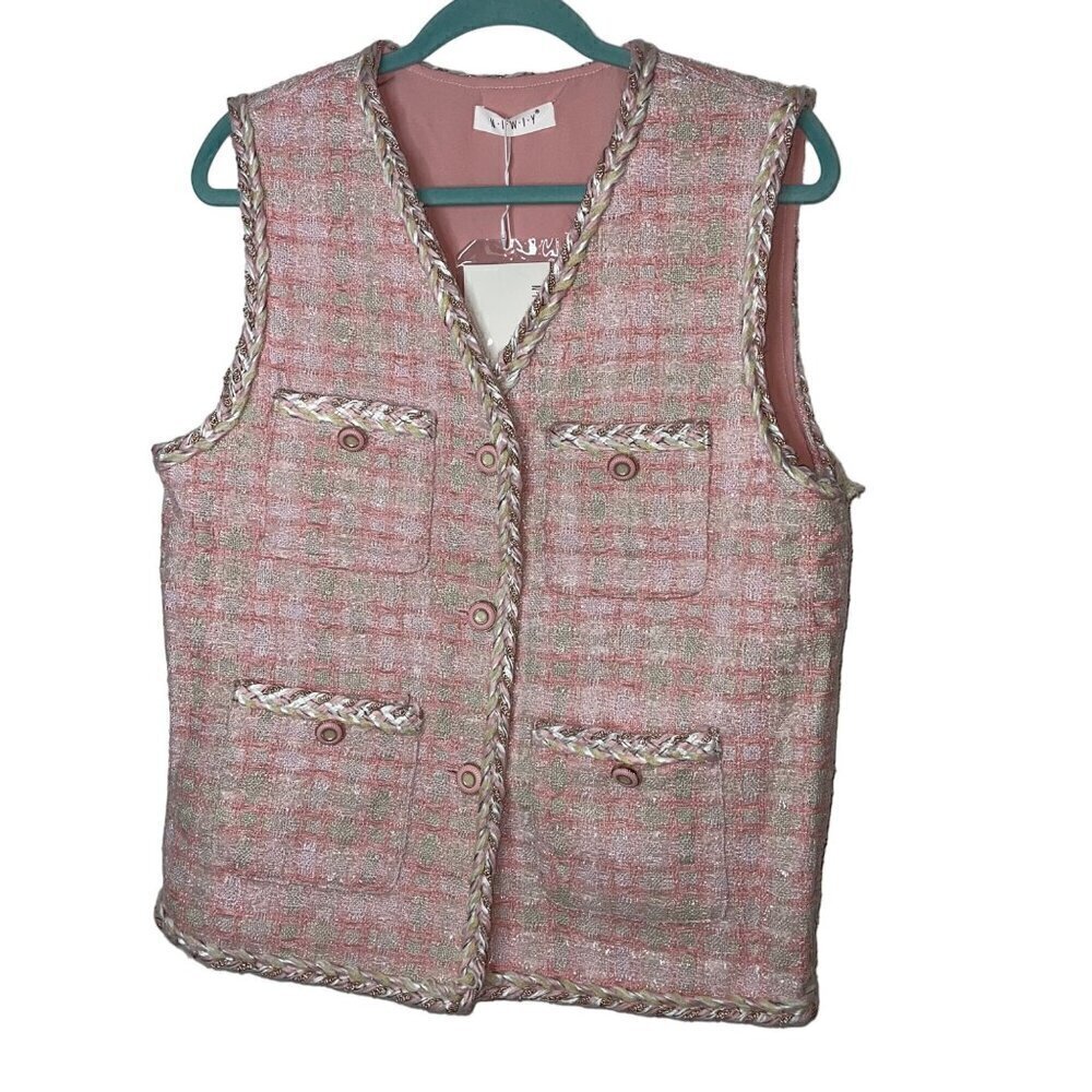 Niwiy Womens Vest Size Large Pink Tweed Pockets Button Up V Neck Sleeveless